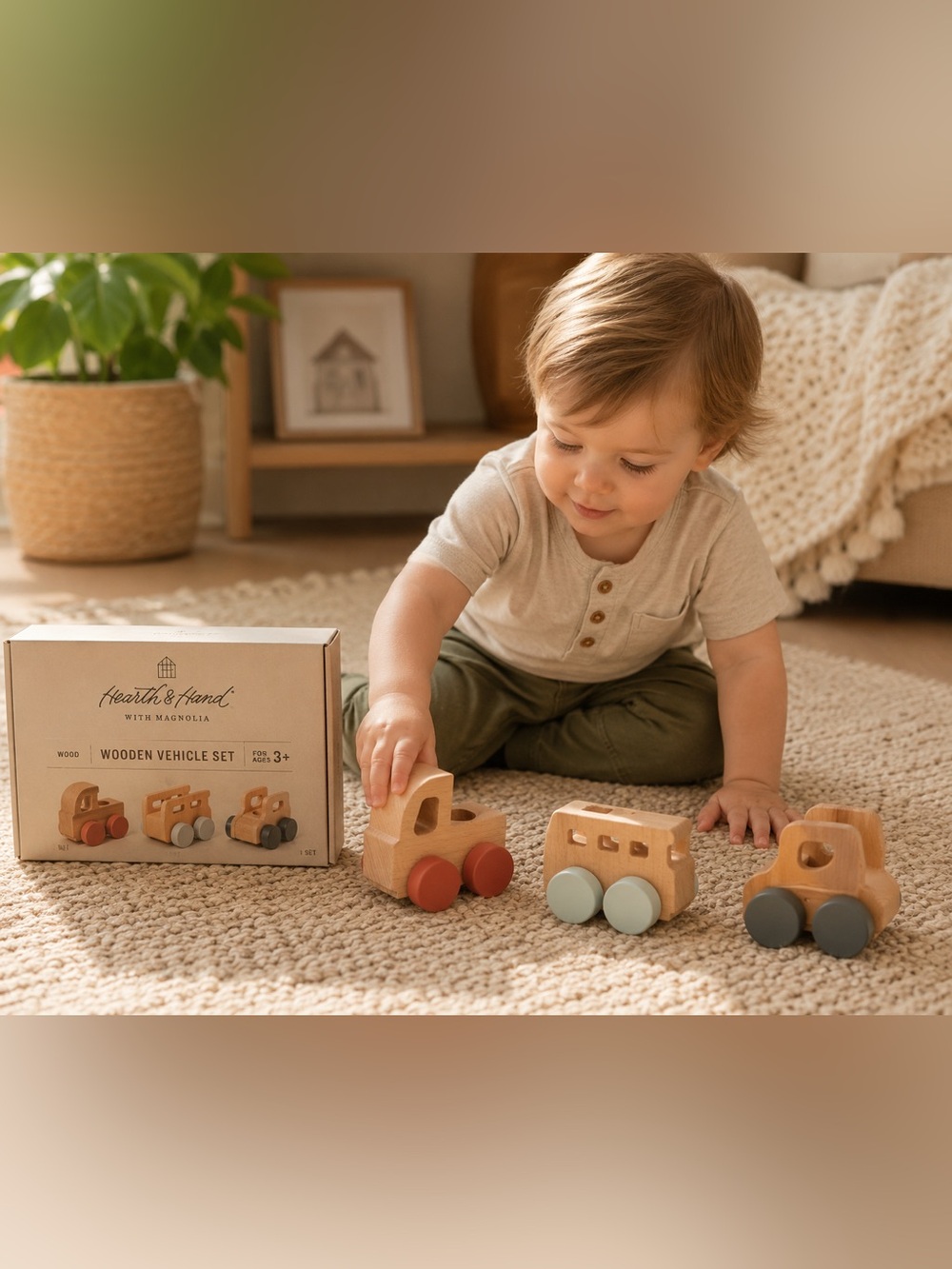 🚗Hearth & Hand Natural Wood Toy Trucks with Red, Light Gray, and Dark Gray Wheel